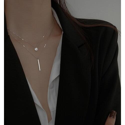 925 Sterling Silver Double layer Necklace Round Shiny Full Zircon Long pendant Necklaces Gift For Girl Fine Accessories NK062