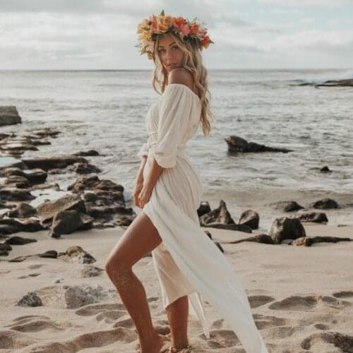 Elegant summer sexy womens middle sleeve off shoulder BOHO beach dress Graceful ladies clothes