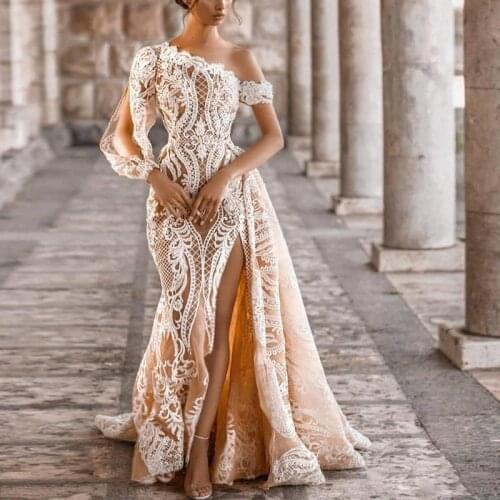 Graceful Champagne One Shoulder Thigh Slits Mermaid Wedding Dresses Long Sleeve Lace Appliques Overskirt Pearls Beach Wedding Go