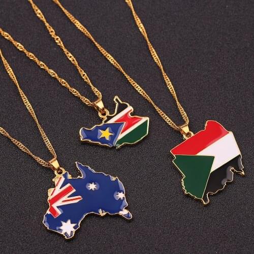 Country Map & Flag Pendant Necklaces South Sudan Australia Sudan For Women/Men Jewelry Gold Color Charm Maps Jewelry Christmas