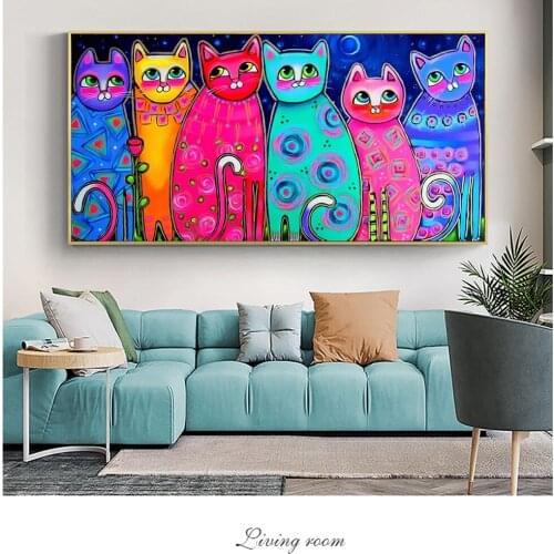 100% Hand Painted Colorful Cats Canvas Paintings For Kids Room Wall Posters Pop Art Decorative Canvas Cuadros Picture Home Decor