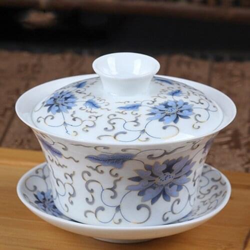 Chinese Gaiwan Tea Set Kungfu Anti-scald Ceramic Tea Cover Bowl with Lid and Saucer Sancai Flower Landscape Tea Cup Teaware