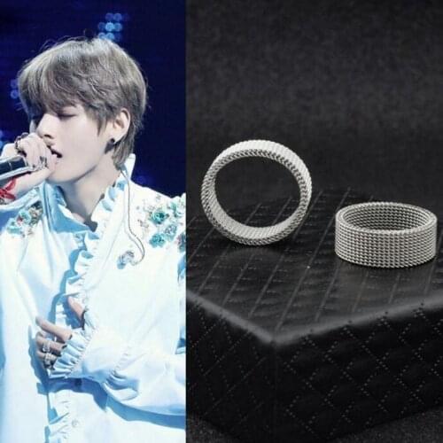BTSARMY Bangtan Boys Ring K-POP Rings Grid pattern Ring for Men and Women Female Male Boy Girl Stainless Steel Band Ring