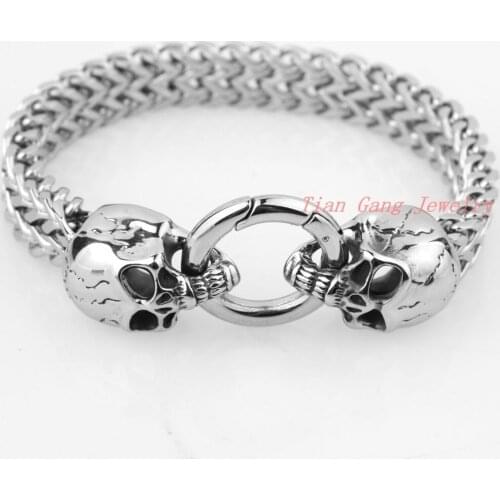 Punk Style Silver Color Skull Stainless Steel Bracelets Charms Men 12MM Wide Bracelet Retro Link Chain Bangles Jewelry