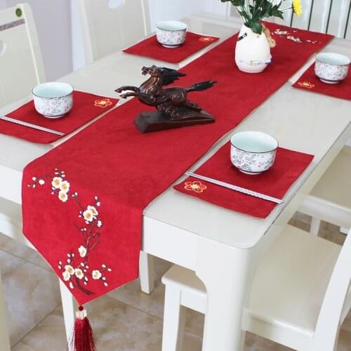 Classical Chinese Style Plum blossom Embroidery Table Runner Phoenix Red Table Flag Decoration for Home Dining Table with Tassel