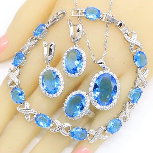 Sky Light Blue 925 Silver Bridal Jewelry Sets For Women Bracelet Earrings Necklace Pendant Ring Birthday Gift