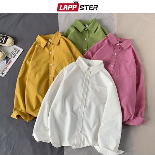 LAPPSTER Men Colorful Pocket Korean Shirts 2020 Autumn Long Sleeve Shirts For Men Harajuku Fashions Plus Size Oversized Clothing