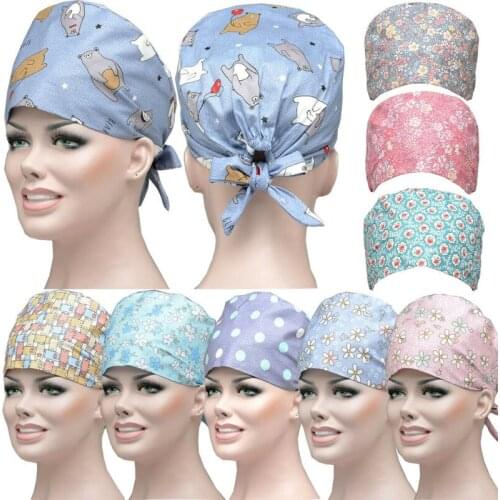 Scrub Caps Sets Cotton Tie Back Bandage Adjustable Sweatband Hats Women Head Cover Printed Working Hats Facecover Accessories
