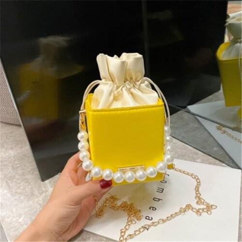 Small Ladies Handbags Pearl Chain Top-handle Bucket Bag Leather Candy Color Purse Branded Crossbody Shoulder Bag For Women Sale