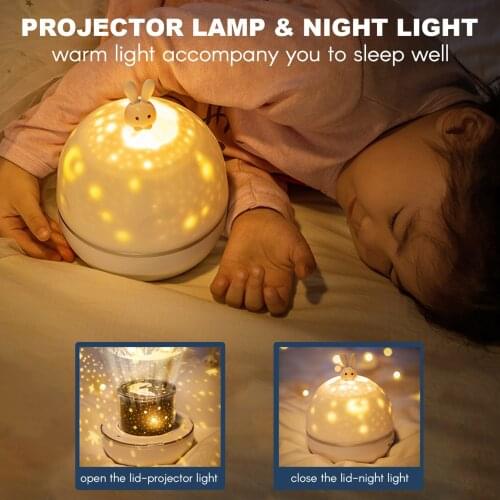 Rabbit Projector Lamp for Kids Baby Bedroom Night Light with 8 Landscape Films Rotatable Rechargeable 3 Light Colors Brightness