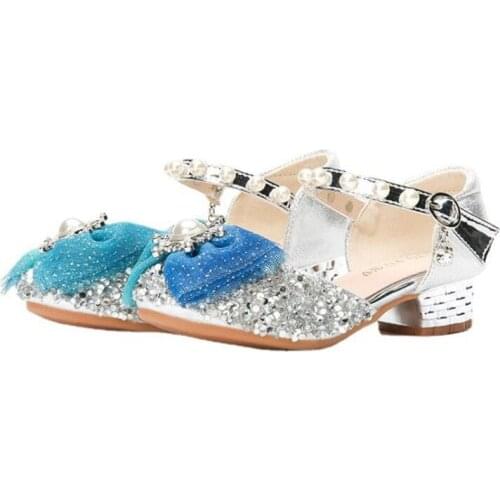 Childrens Crystal Shoes High-heeled Rhinestones Girl Leather Shoes Catwalk Piano Performance Princess Cute Silver Pearl Shoe