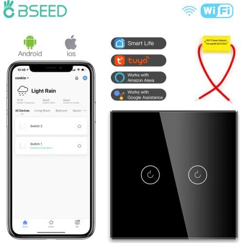 BSEED 1/2/3 Gang Wifi Switch Single Live Wire with Adapter Wall Smart Touch Light Switch Dark Blue Backlight Glass Panel