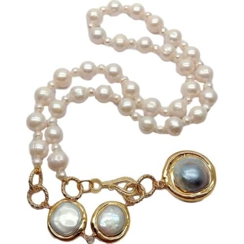 YYGEM natural Cultured White Round freshwater Pearl chokers Necklace Mabe Pearl Gold Filled Pendant necklace for women