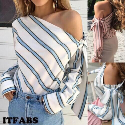 Women Tops Fashion Women Summer Chiffon Blouse Ruffle Striped Long Sleeve Loose Causal Pullover 2019 Blouse Drop Shipping