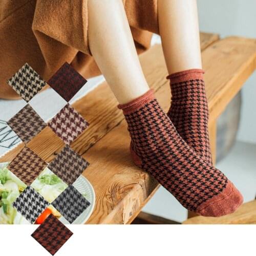 Woman Solid Jacquard Wool Houndstooth Socks Girls Animal Warm Winter Socks Ankle Socks Rust Mustard Grey Crew Sock 4/5Pairs/ lot