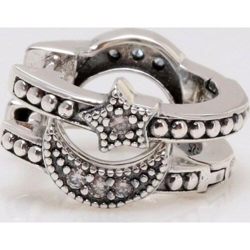 Original Crescent Moon & Stars Beaded Hoop Earring With Crystal For Women 925 Sterling Silver Earring Gift Fine Pandora Jewelry