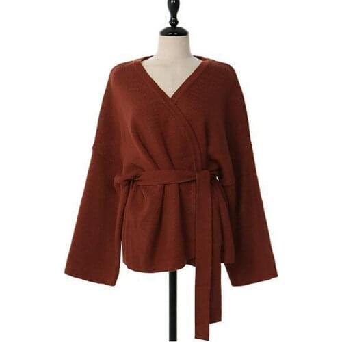 AECU Women Sweater Cardigans Knitting Lace Up Loose Outer Wear Elegant Casual Ladies Tops Female Coat Spring Knitwear 2021