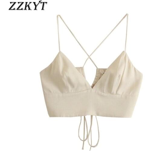 ZZKYT 2021 Women Summer Vintage Solid Crossed Strap Tank Tops Fashion Sexy V-Neck Sleeveless Backless Casual Camis Chic Tops