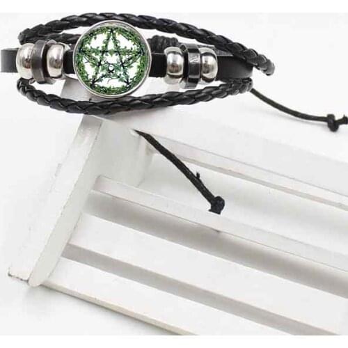 2019 new five-pointed star tree green vine crystal glass woven leather bracelet jewelry