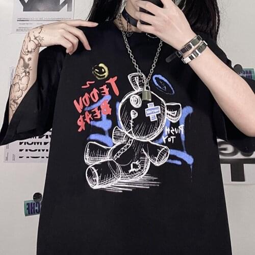 Summer Cotton Short Sleeve Loose Women T-Shirts Tops Harajuku Summer Punk Dark Black Y2K Anime Cartoon Print Streetwear Clothes