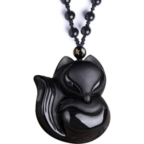 FYJS Unique Handmade Weave Lovely Fox Shape Pendant Black Obsidian Necklace with Round Beads Chain Jewelry