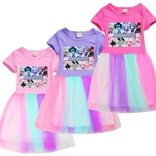 Gacha Life Cotton Girls Fashion Dress Rainbow Lace Dress Vestidos Pink Dress for Summer Girls Knee-Length Clothes Casual Style
