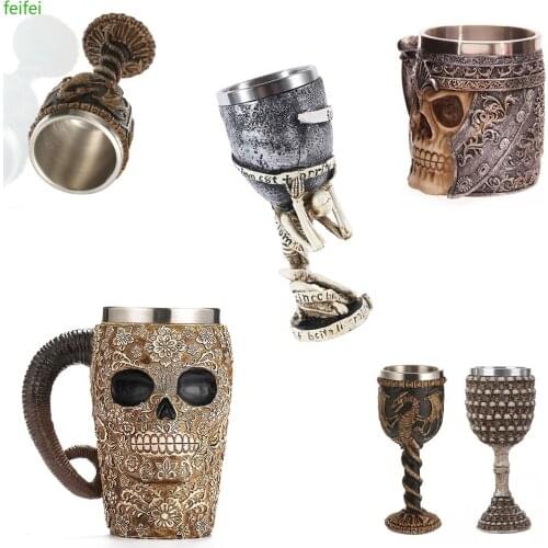 3D Double Stainless Steel Skull Mug Beer Stein Tankard Tea Water Cup Wood Barrel Mug Knight Helmet Halloween Bar Cool Drinkware