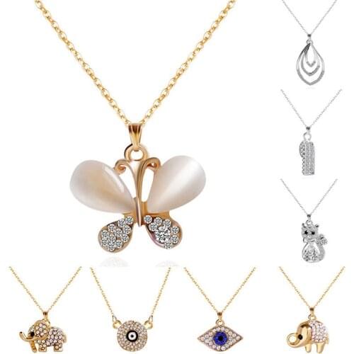 Animal Rhinestone Pendant Women Necklace Elephant Butterfly Cat Evil Eyes Crystal Charm Jewelry Friends Gift