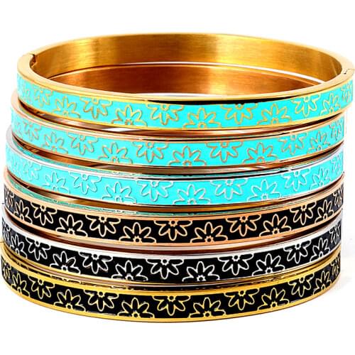 Fashion Jewelry Black Blue Enamel Flowers Bangles & Bracelets for Women Gold Bangles Stainless Steel Party Buckle Lover Bangles