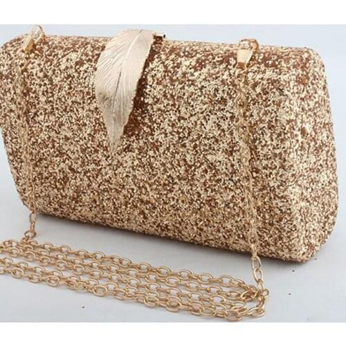 Fashion sequins clutch bag evening dress womens gold metal leaf lock wedding wallet female handbag fashion catwalk bag