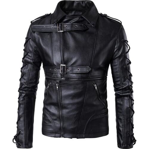 5XL Punk Mens Lapel Collar Belt Buckle Straps Leather Biker Jackets Zipper Motocycle Punk Black Plus Size Retro 2020 New