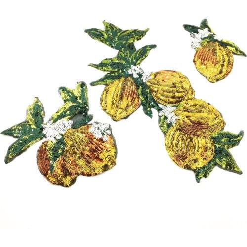 Set of 3 Sew On Sequin Beaded Lemon Patch Fruits Applique Plant Patches For Dress Appliques Parches Sewing Accessories AC0936