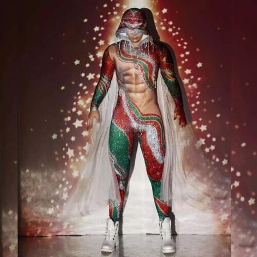 New Christmas Party Dance Costume Fashion Printed Beads Jumpsuit Male Female Team Stage Performance Outfit Nightclub Clothes