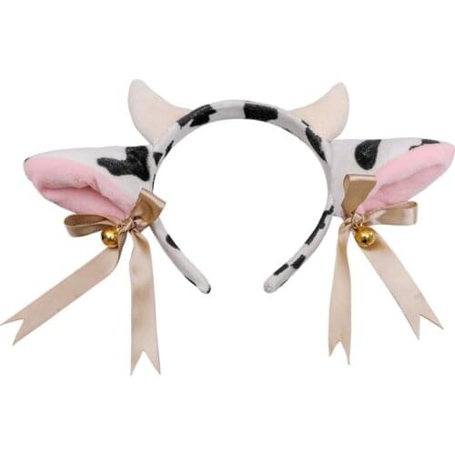 Cartoon Plush Cow Ears Horn Headband with Small Bells Ribbon Bow Anime Lolita Hair Hoop Kawaii Animal Party Cosplay Costume