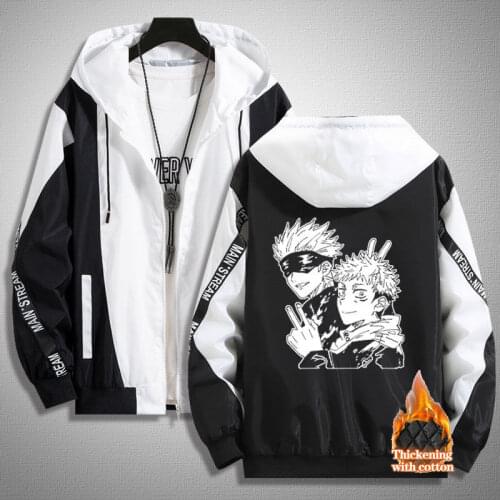 Autumn Winter Overcoat Men Japanese Anime Jujutsu Kaisen Itadori Yuuji Fushiguro Megumi Print Hooded Jacket Boy Outer Coat Tops