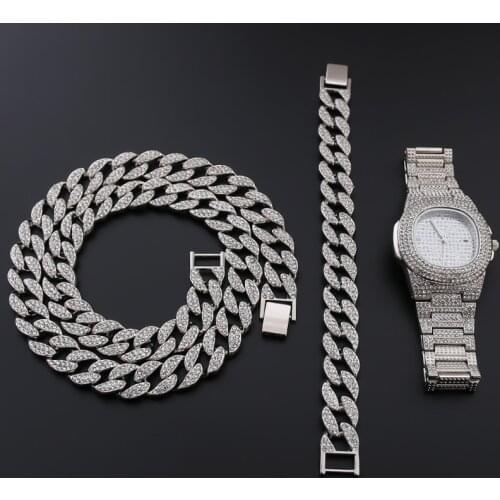 Necklace+Watch+Bracelet Hip Hop Miami Curb Cuban Chain Gold Silver Color Iced Out Rhinestones CZ Bling Rapper Jewelry For Men