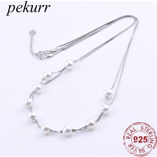 Pekurr 925 Sterling Silver Double Chain White Shell Pearl Necklace For Women Box Chains Pendants Fashion Jewelry Gift