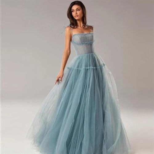 Gray Prom Dresses A-line Spaghetti Straps Tulle Dubai Saudi Arabic Robe De Soiree Long Prom Gown Evening Dresses