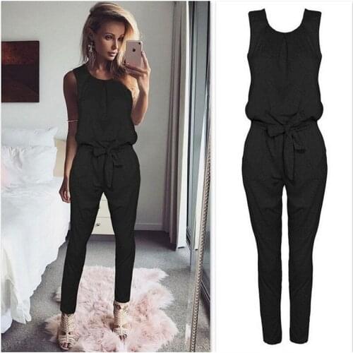 Sexy High Waist Women Casual Bandage Jumpsuit Summer Sexy Sleeveless Outfit Round Neck Straps Backless Pencil Pants
