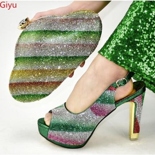 Doershow hot green color Italian Shoes With Matching Bags African Women Shoes and Bags Set For Prom Party Summer Sandal !SMN1-8