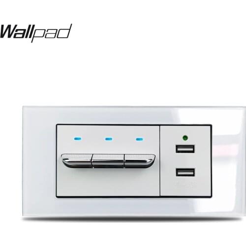 153*75mm 3 Gang Toggle Switch and USB Socket Wallpad L3 White Glass Panel 16A 3 Light Button and Double USB Charger with LED