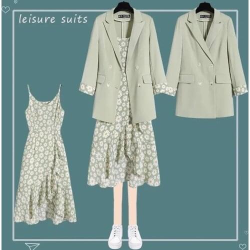Matching dress set female plus size 2021 spring and summer new Korean floral sling dress chiffon suit jacket two-piece