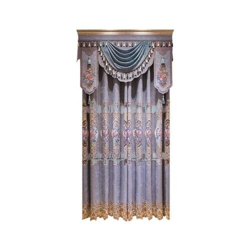 High quality European blue velvet embroidered living room curtain with white embroidered Voile Curtain for hotel Kitchen bedroom