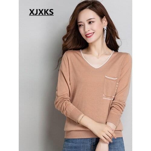 XJXKS 2020 autumn winter new high-end 100% pure wool knitted sweater women pullover fashion V-neck women casual sweater