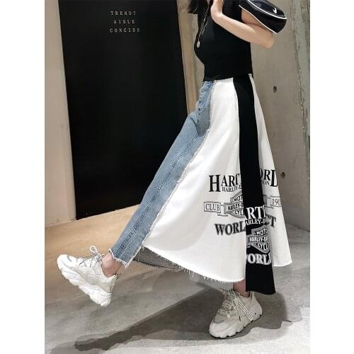 European station letter printing spell denim skirt women loose A type mid-length skirt female temperament casual irregular skirt