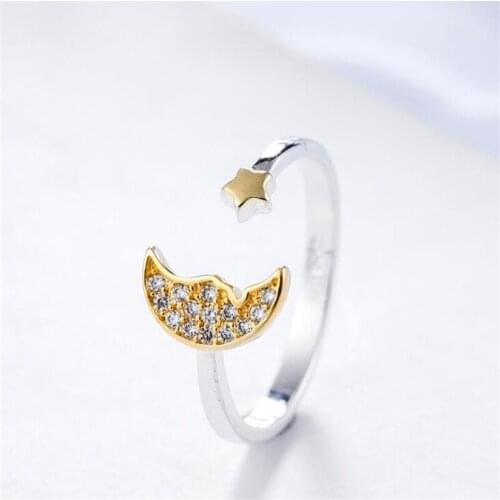 Elegant Zircon Gold Stars and Moon Cute Open Rings for Women Anillos Mujer Silver 925 Jewelry Gift Party Charm Accessories SR285