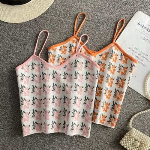 2021 Floral Spaghetti Strap Corset Tank Tops Crop For Women Summer Cute Camisole Patchwork Knitting Skinny Sleeveless Bustier