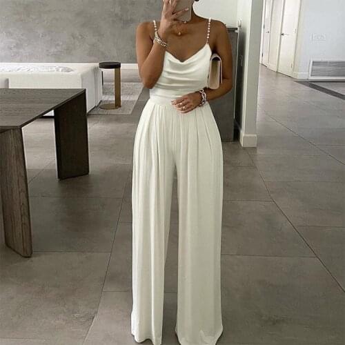 2021 Sexy Women One Shoulder Solid Jumpsuit Spring Elegant Wide Leg Pants Playsuit Summer Sleeveless Loose Beach Overalls Romper