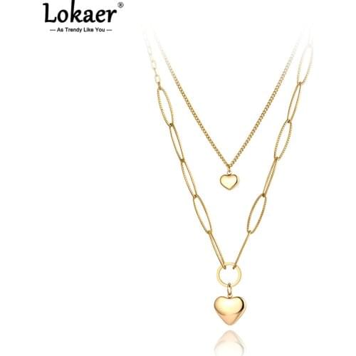 Lokaer Goth Double Layer Stainless Steel Lovely Heart Charm Pendant Necklace Bohemia Link Chain Choker Necklace For Women N21086
