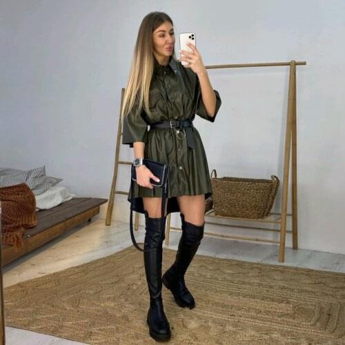 Women Vintage Front Button Sashes A-line PU Dress Three Quarter Sleeve Turn Down Collar Solid Dress Elegant Casual New Dress